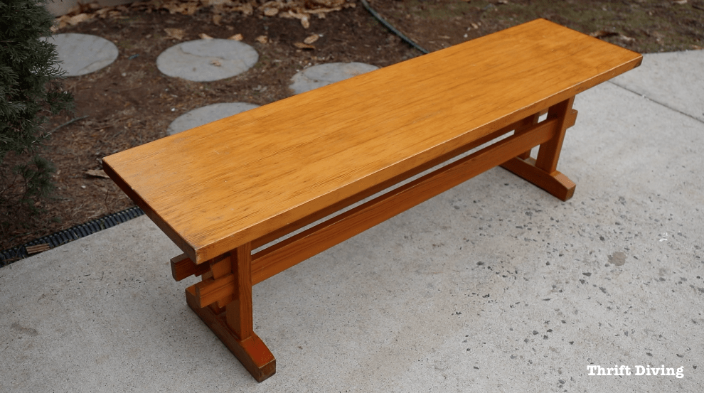 Dining Room Bench Makeover Using Beyond Paint - Old bench from the 1980s with orange stain. - Thrift Diving