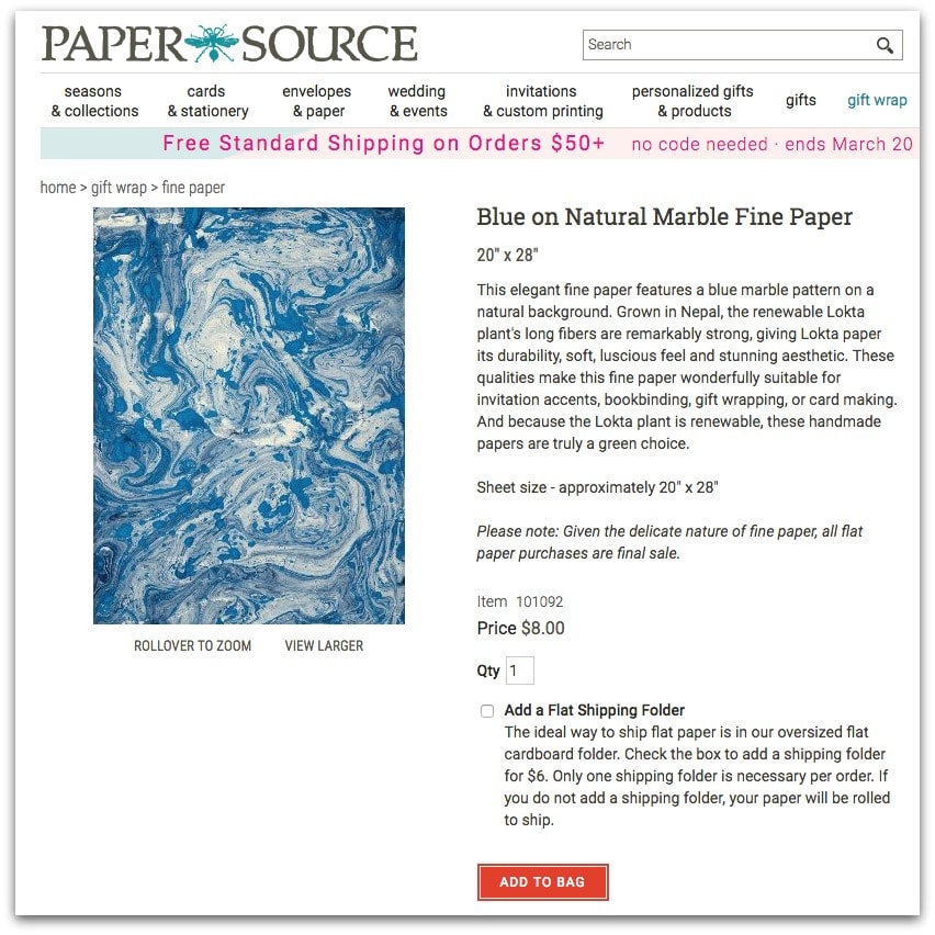 Blue on Natural Marble Fine Paper from Paper Source - Thrift Diving Blog