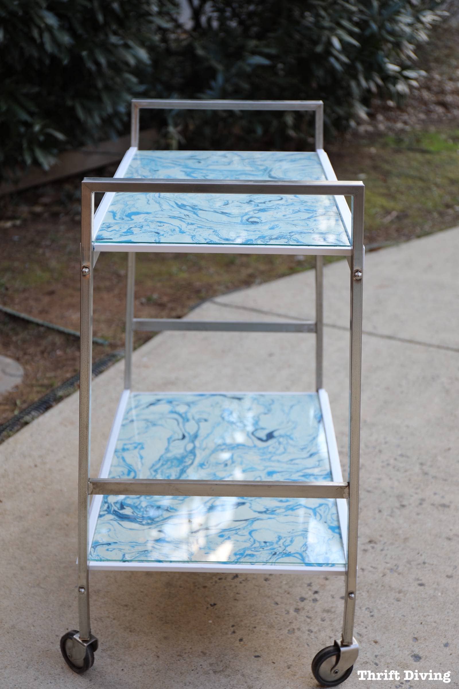 How to - Bar Cart Makeover - Before and After of a 1970's bar cart with marble paper. - Glass on top of bar cart. - Thrift Diving