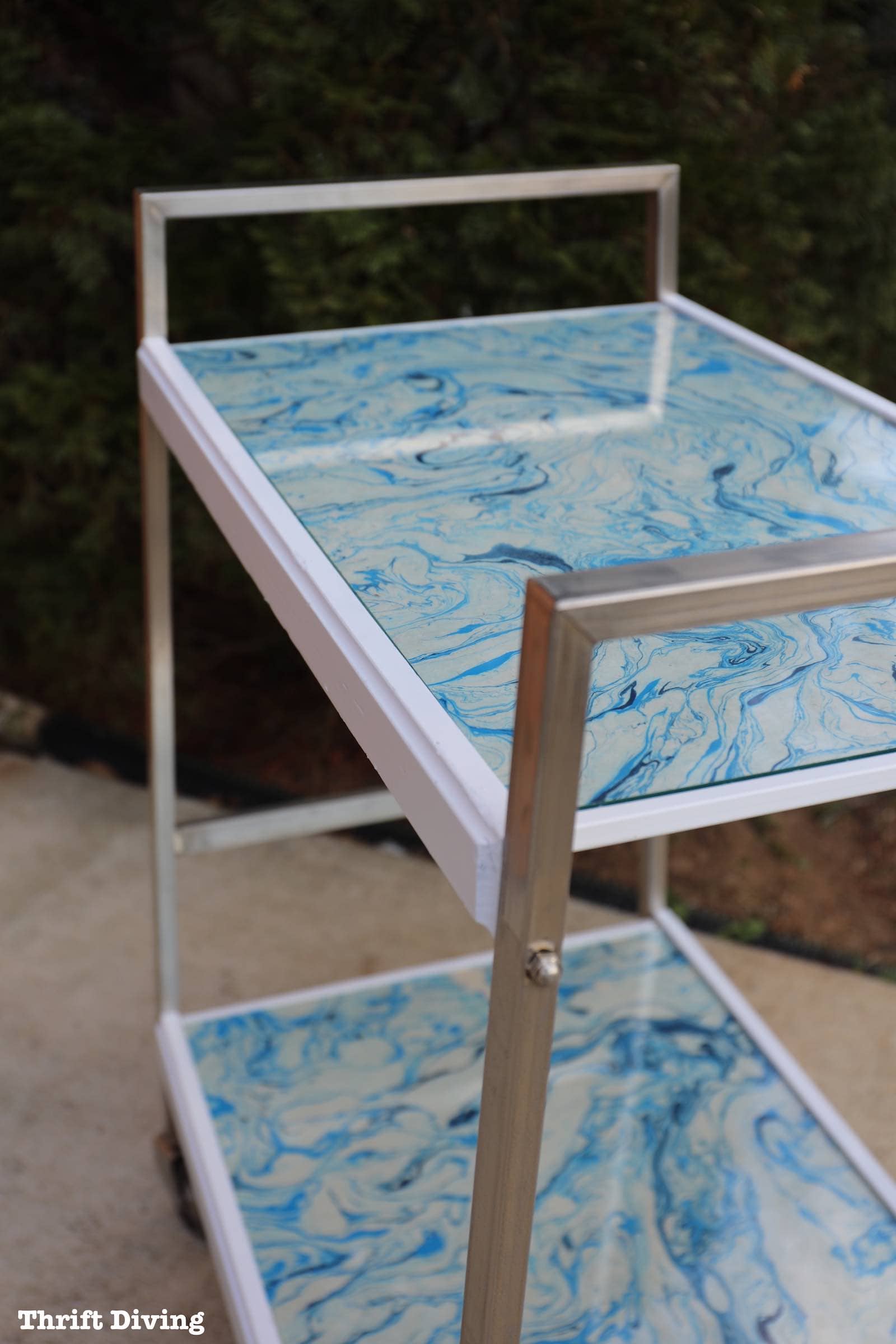 How to - Bar Cart Makeover - Before and After of a 1970's cart with marbled paper. - AFTER - Thrift Diving