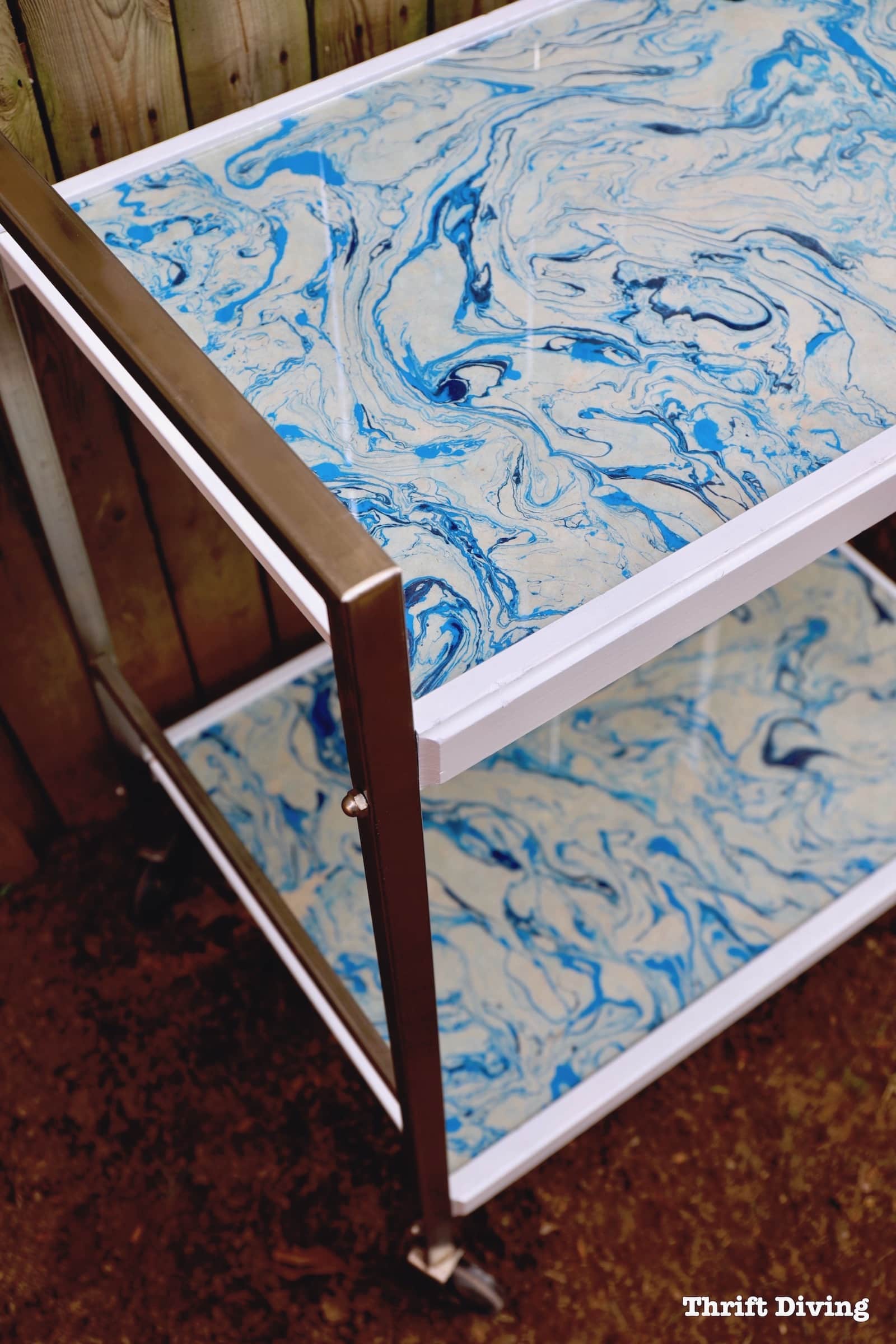 How to - Bar Cart Makeover - Before and After of a 1970's cart with marbled paper. - Thrift Diving