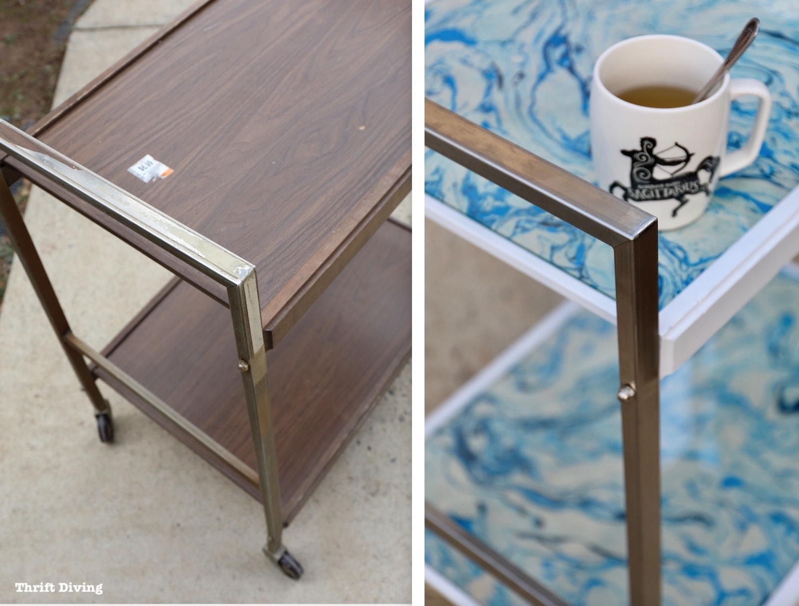 How to - Bar Cart Makeover - Before and After of a 1970's bar cart with marbled paper. - Can be used as bar cart or tea cart. - Thrift Diving