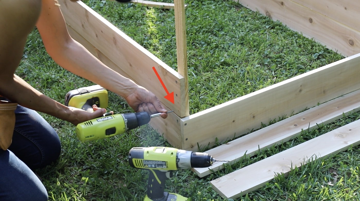 How to Build a Raised Garden Bed Protected With a Metal Fence - Drill pilot holes and use exterior screws - Thrift Diving
