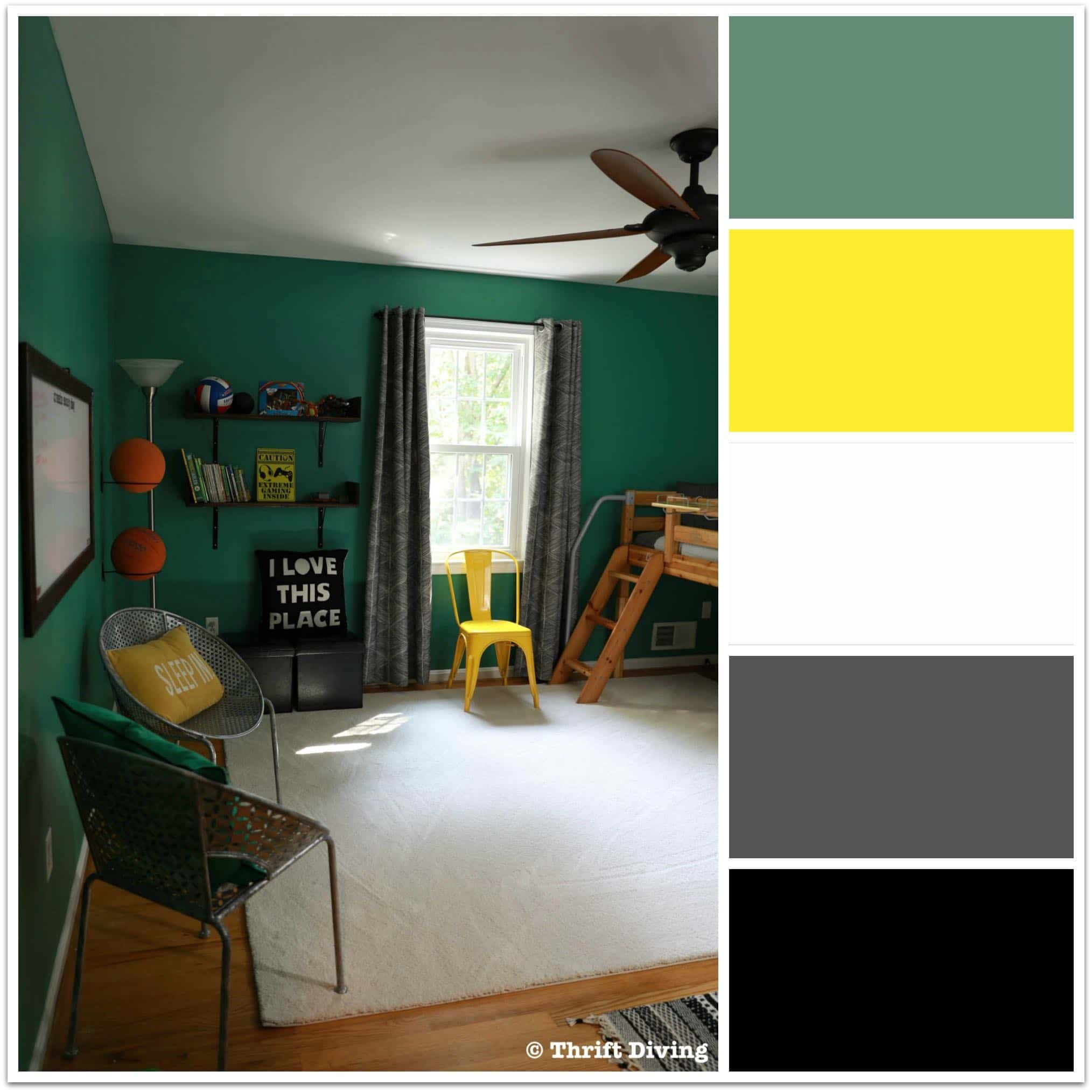 Color combos for boys bedroom makeover - Green, yellow, white, gray, and black! - Thrift Diving