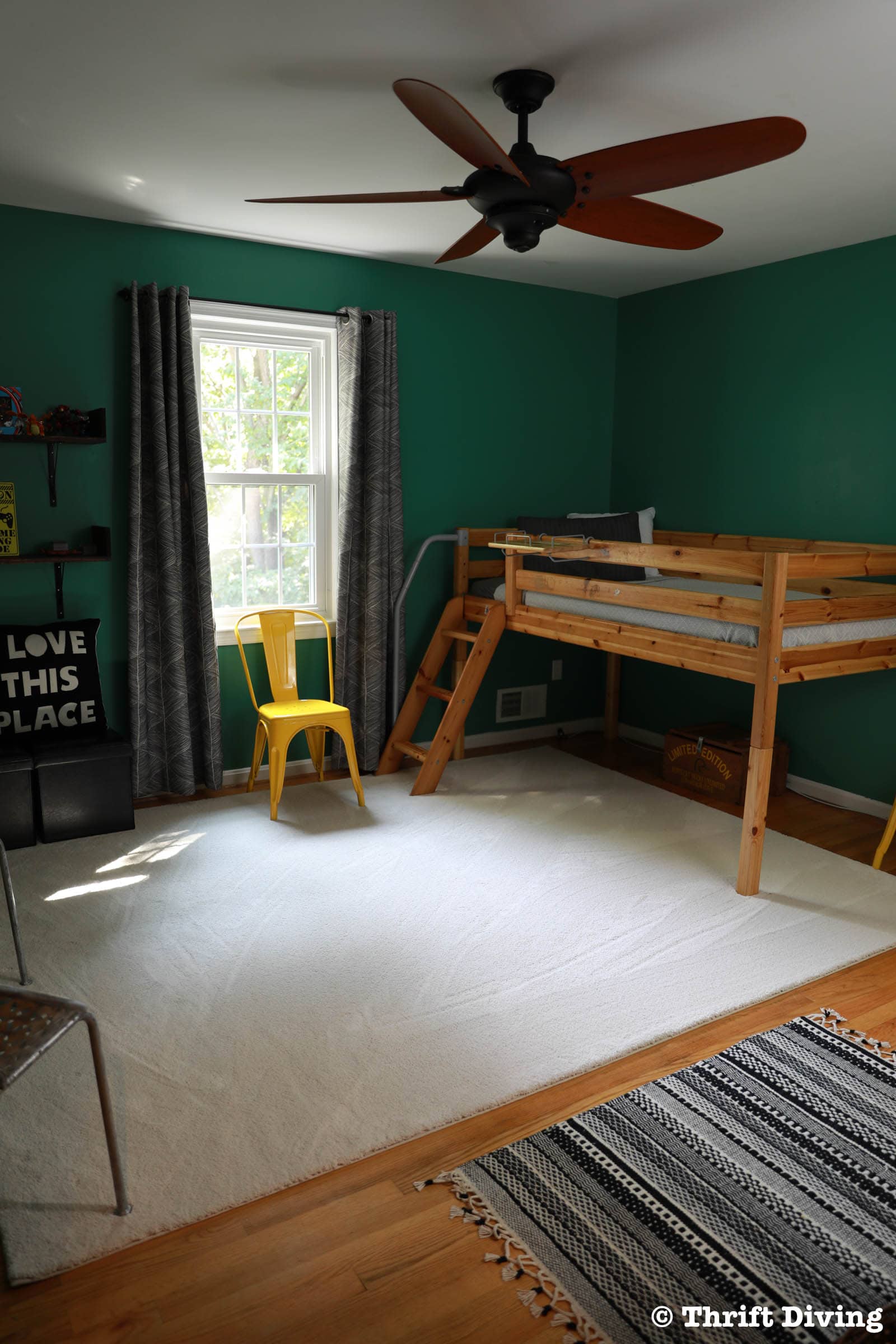 Kids green bedroom makeover - AFTER! - Sherwin Williams Alexandrite Bedroom with yellow black and gray. - Thrift Diving