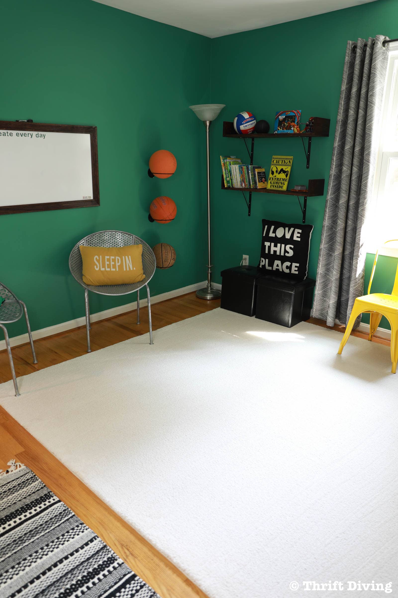 Kids green bedroom makeover - AFTER - Sherwin Williams Alexandrite Bedroom with DIY shelves - Thrift Diving