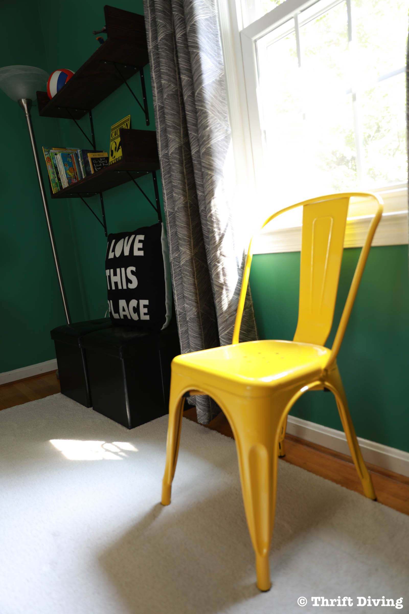Kids green bedroom makeover - With yellow, black, and white. - Thrift Diving