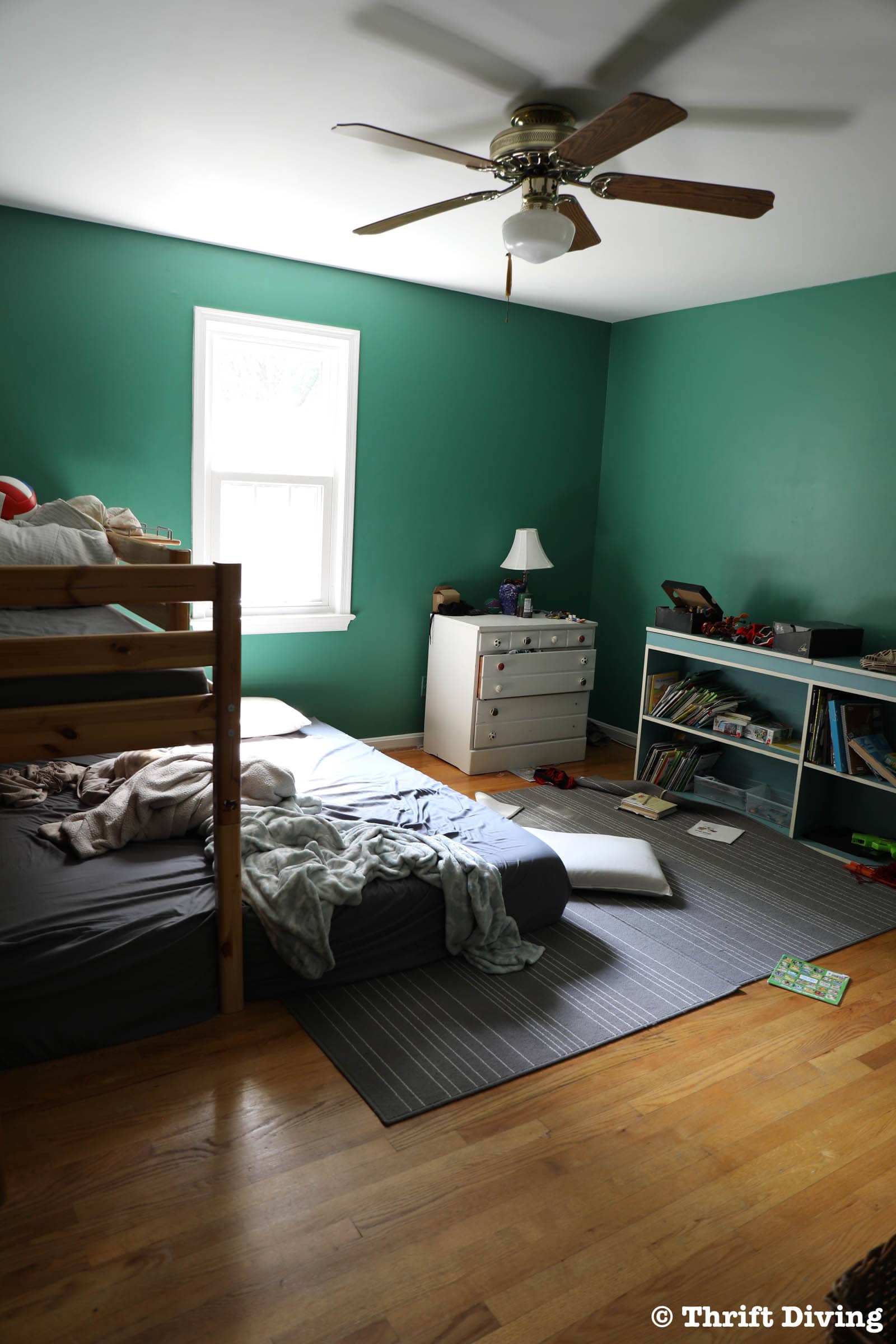 Kids green bedroom makeover - BEFORE - Sherwin Williams Alexandrite Bedroom with messes. - Thrift Diving
