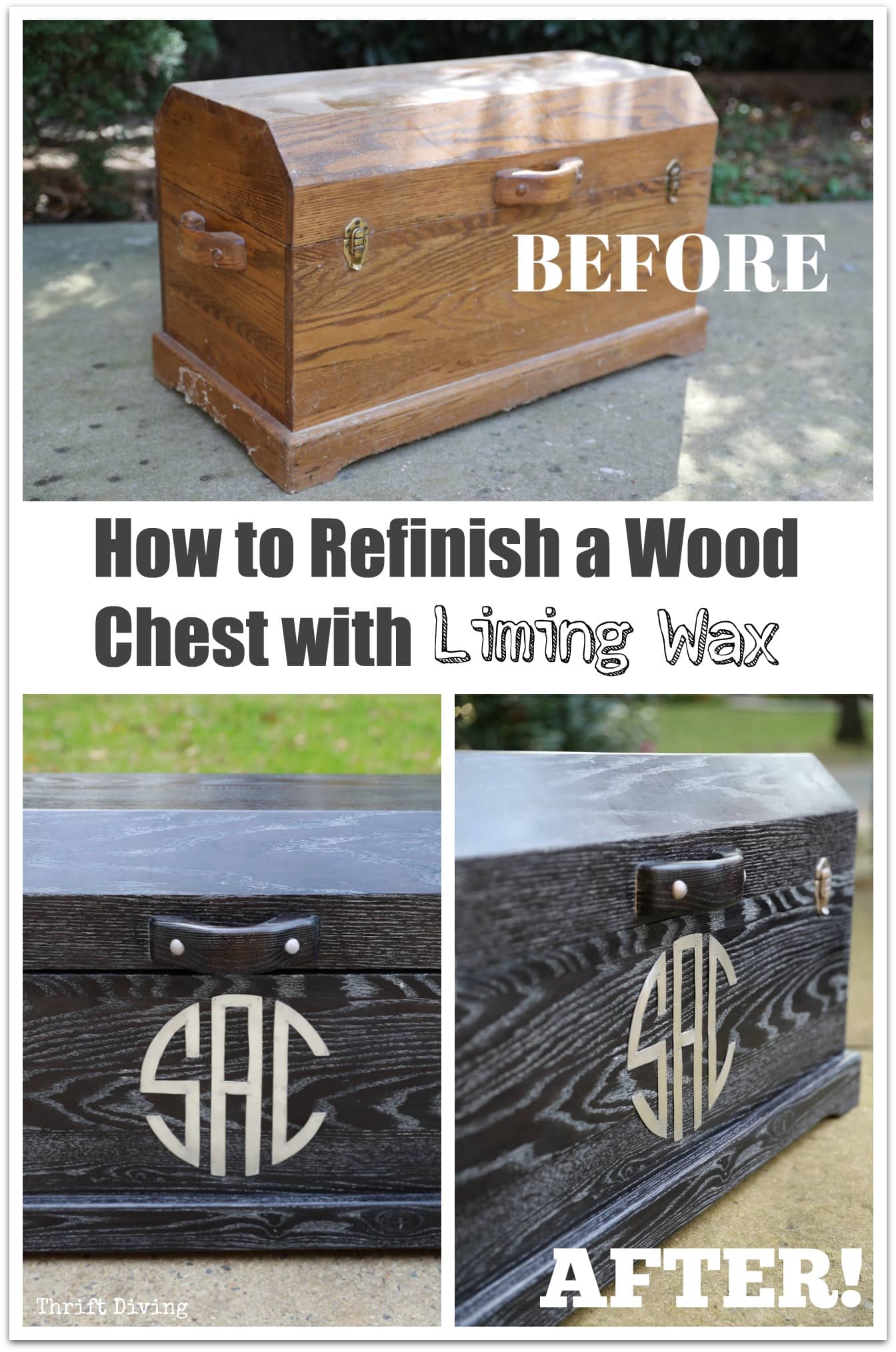 BEFORE & AFTER: How to Use Liming Wax on Oak. See this $40 thrifted wood chest makeover using liming wax and wood dye, with a metal monogram! Includes a full VIDEO TUTORIAL. - Thrift Diving Blog