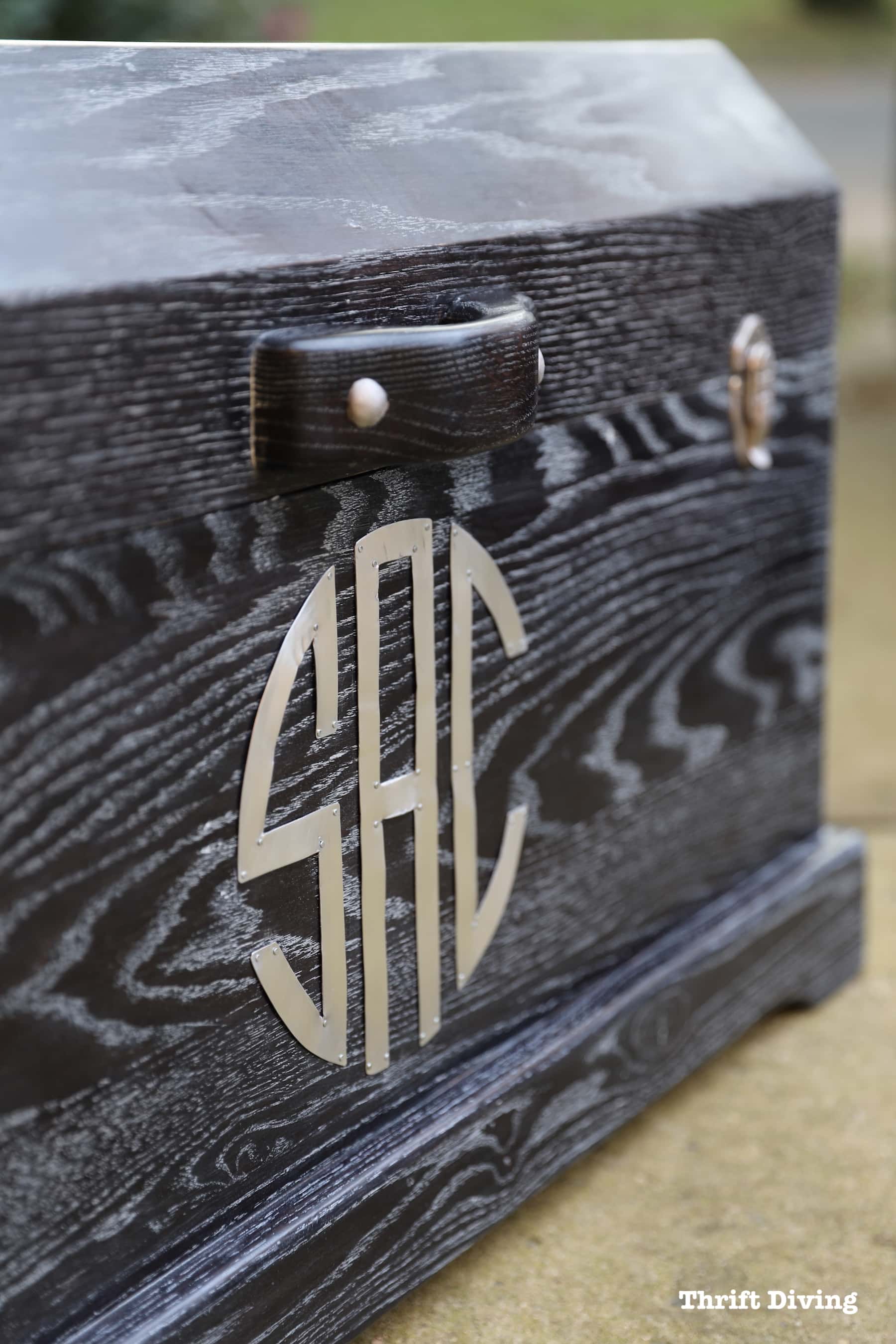 Using liming wax on an oak wood chest - AFTER with metal monogramed letters with liming wax and clear wax. - Thrift Diving