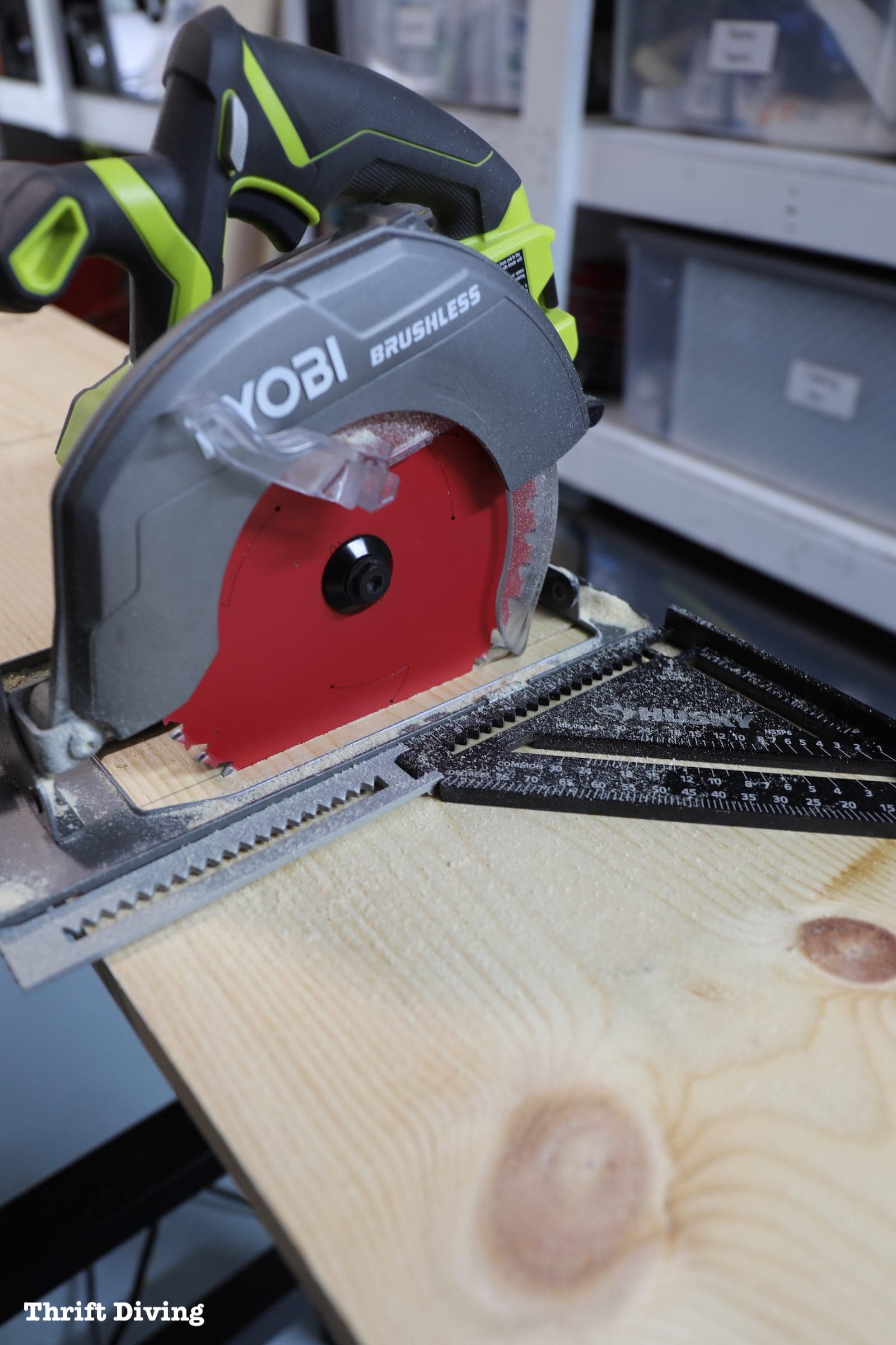 Use a circular saw to cut DIY wood shelves from pine boards, 1x11 in size.