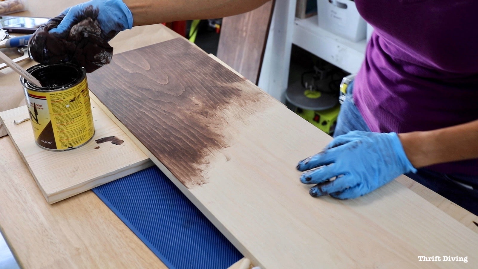 How to Build DIY Closet Shelves - Apply a coat of stain to pine boards after using pre-conditioner by MinWax. This will help to avoid blotchy closet shelves.
