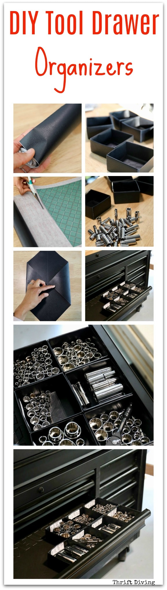 DIY Tool Drawer Organizers - DIY Faux Leather Box - Use 12 x 12 scrapbook paper and faux leather Con-Tact paper to create a bunch of faux leather boxes that can be used to organize tools and small pieces in your tool drawer! Perfect for panty drawers, office drawers, junk drawers, jewelry boxes, and more! - Thrift Diving