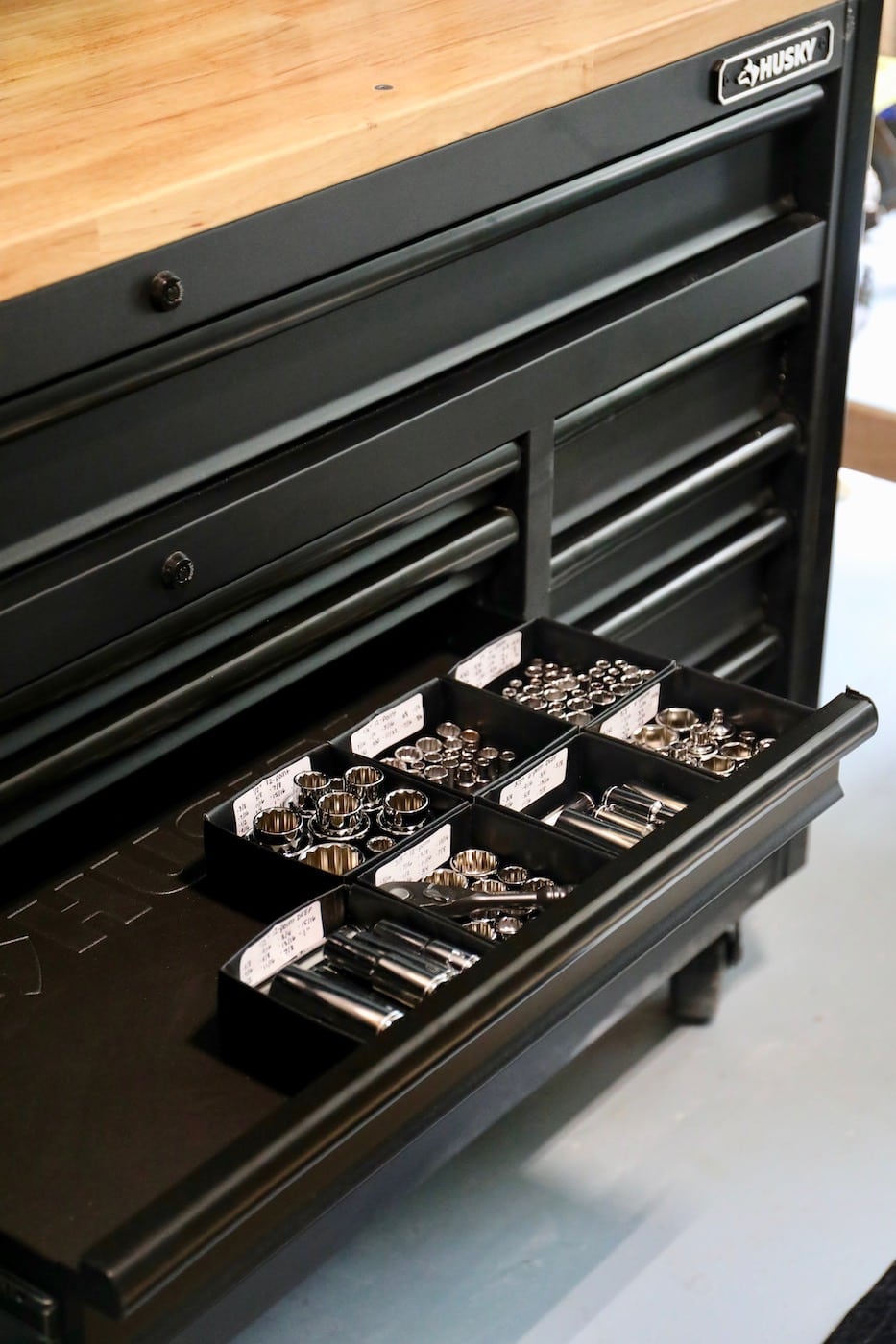DIY Tool Drawer Organizers - DIY Faux Leather Box - Label the boxes with marker and labels and organize your tool drawer for about $10. - Thrift Diving