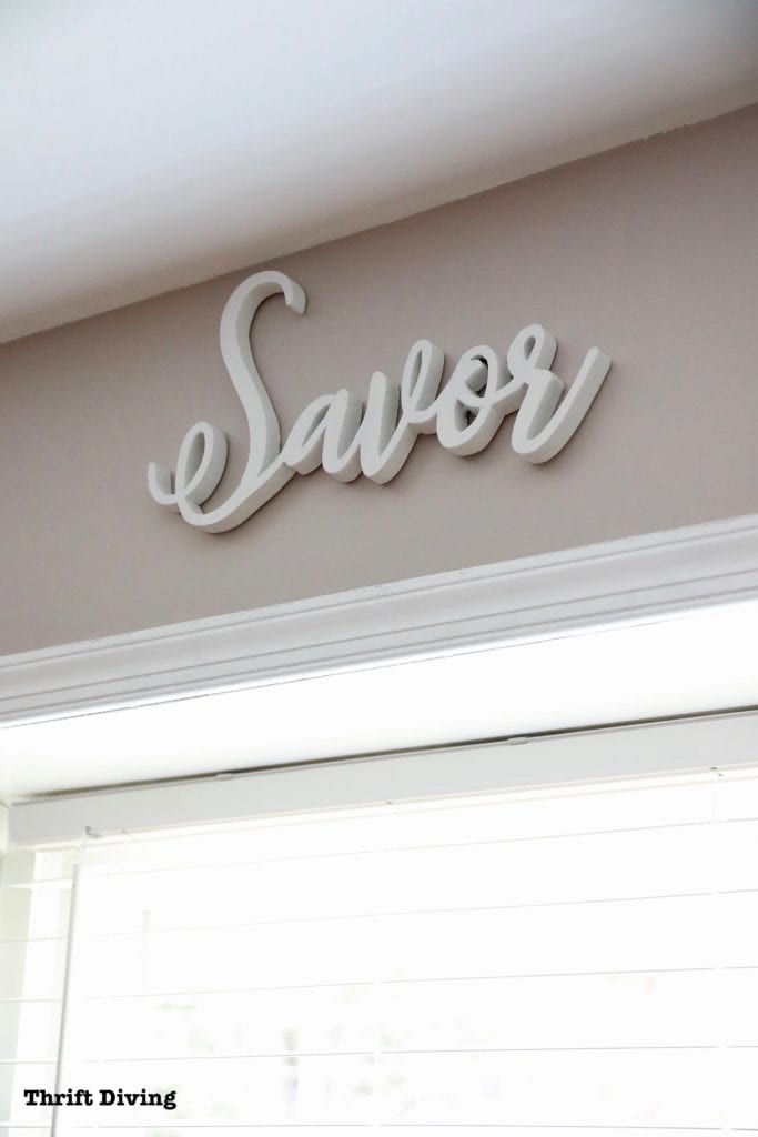 Wall Decor: Use a jigsaw to cut out a kitchen sign out of wood that says "SAVOR" - Thrift Diving