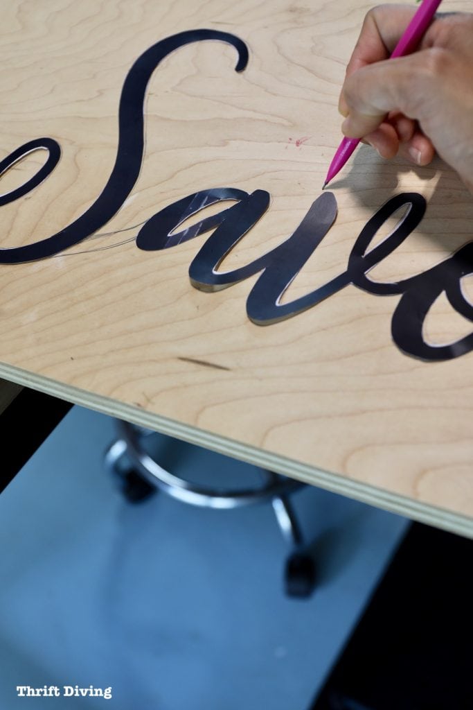 How to Make a Kitchen Sign Out of Wood: Cut out and trace the stencil onto 3/4" plywood. - Thrift Diving