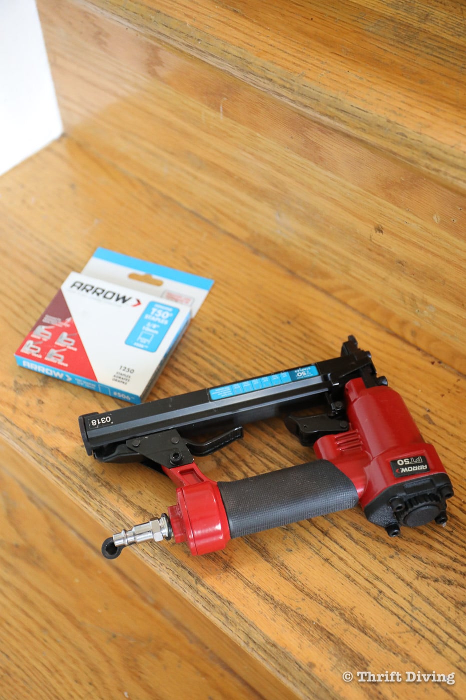 Use an Arrow Fastener PT50 pneumatic stapler for installing a stair runner, with 3/8" or 1/2" staples - Thrift Diving