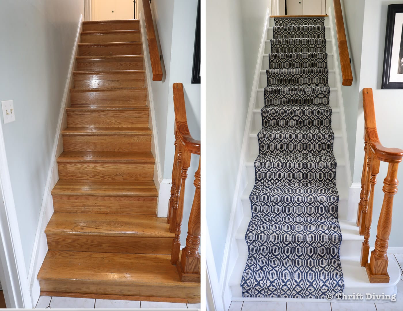 How to Install a Stair Runner - See the BEFORE and AFTER - Bare golden oak bare stairs BEFORE and painted stairs AFTER with a pretty, modern stair runner. - Thrift Diving