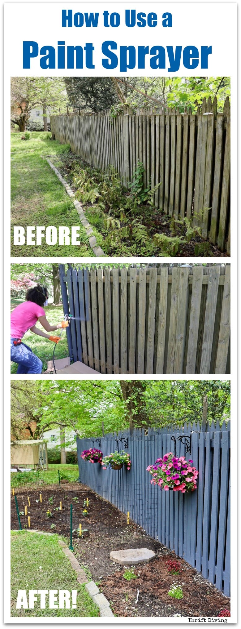 How to Use a Paint Sprayer - Use a paint sprayer to paint a wood fence, deck, siding, or even use it on interior projects and furniture. See this old ugly fence makeover using a paint sprayer. - Thrift Diving