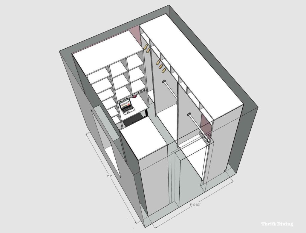How to Build a Walk-in Closet Organizer From Scratch - Draft a plan of your closet organizer in SketchUp. - Thrift Diving