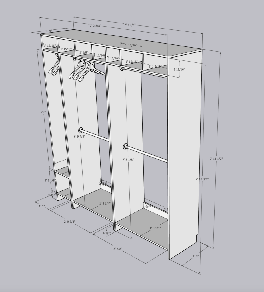 How to Build a Walk-in Closet Organizer From Scratch - SketchUp drawing of custom closet organizer. - Thrift Diving