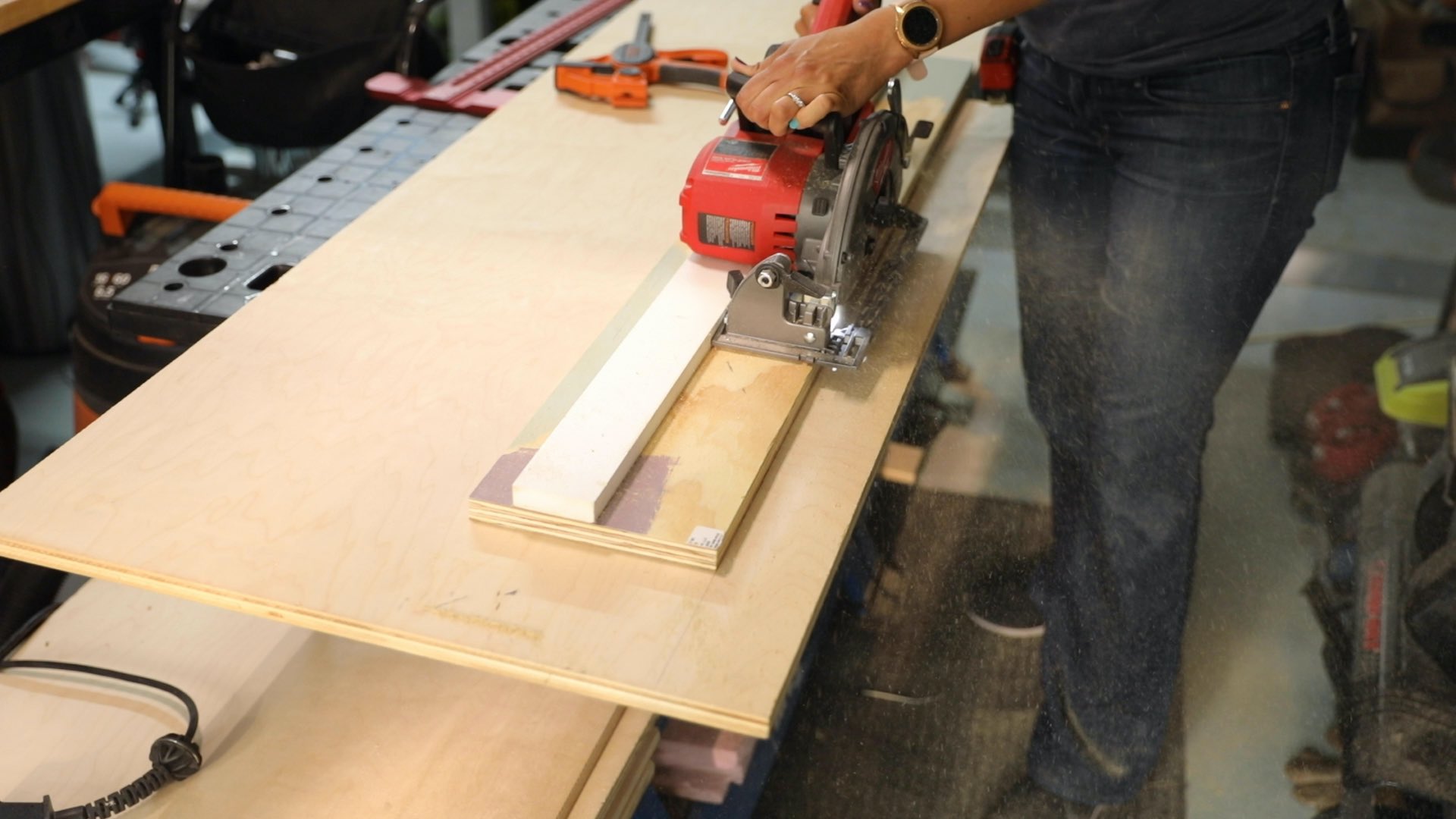 How to Build a Walk-in Closet Organizer From Scratch - Make a circular saw guide for rip cutting plywood. - Thrift Diving