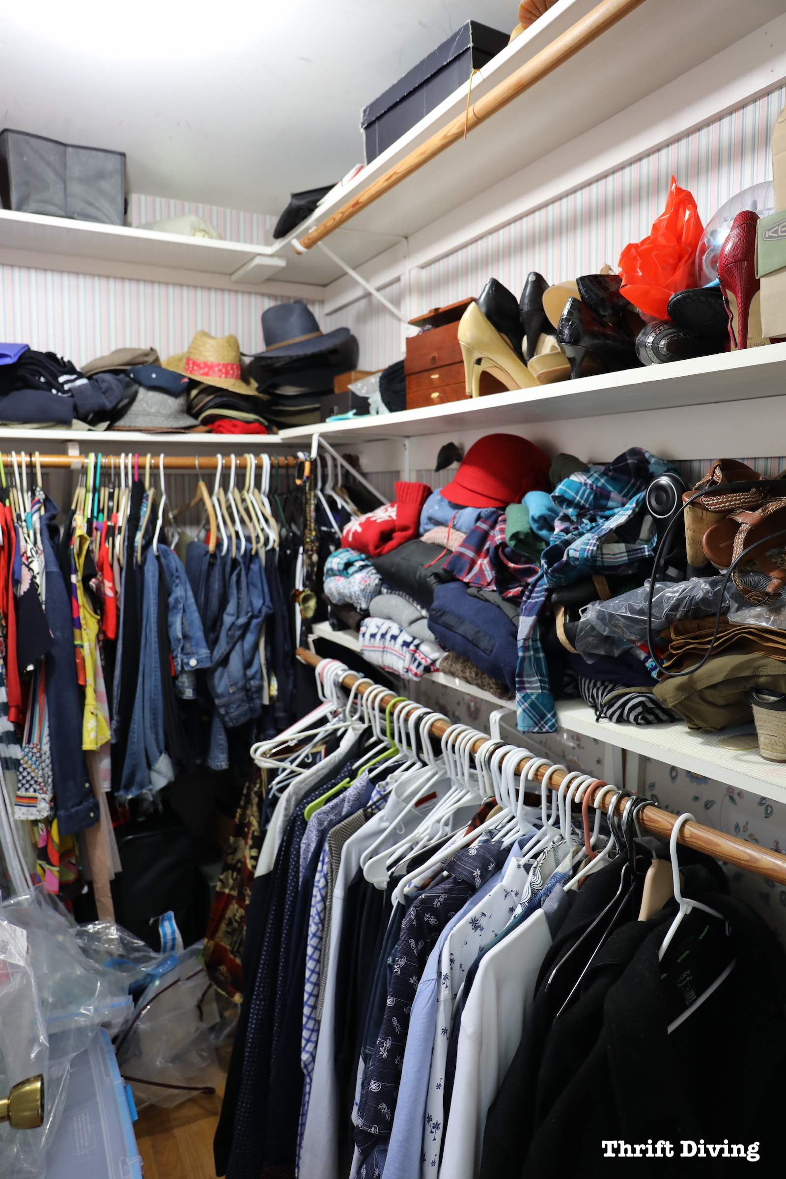 How to Build a Walk-in Closet Organizer From Scratch - This is the "BEFORE" of the messy closet! - Thrift Diving