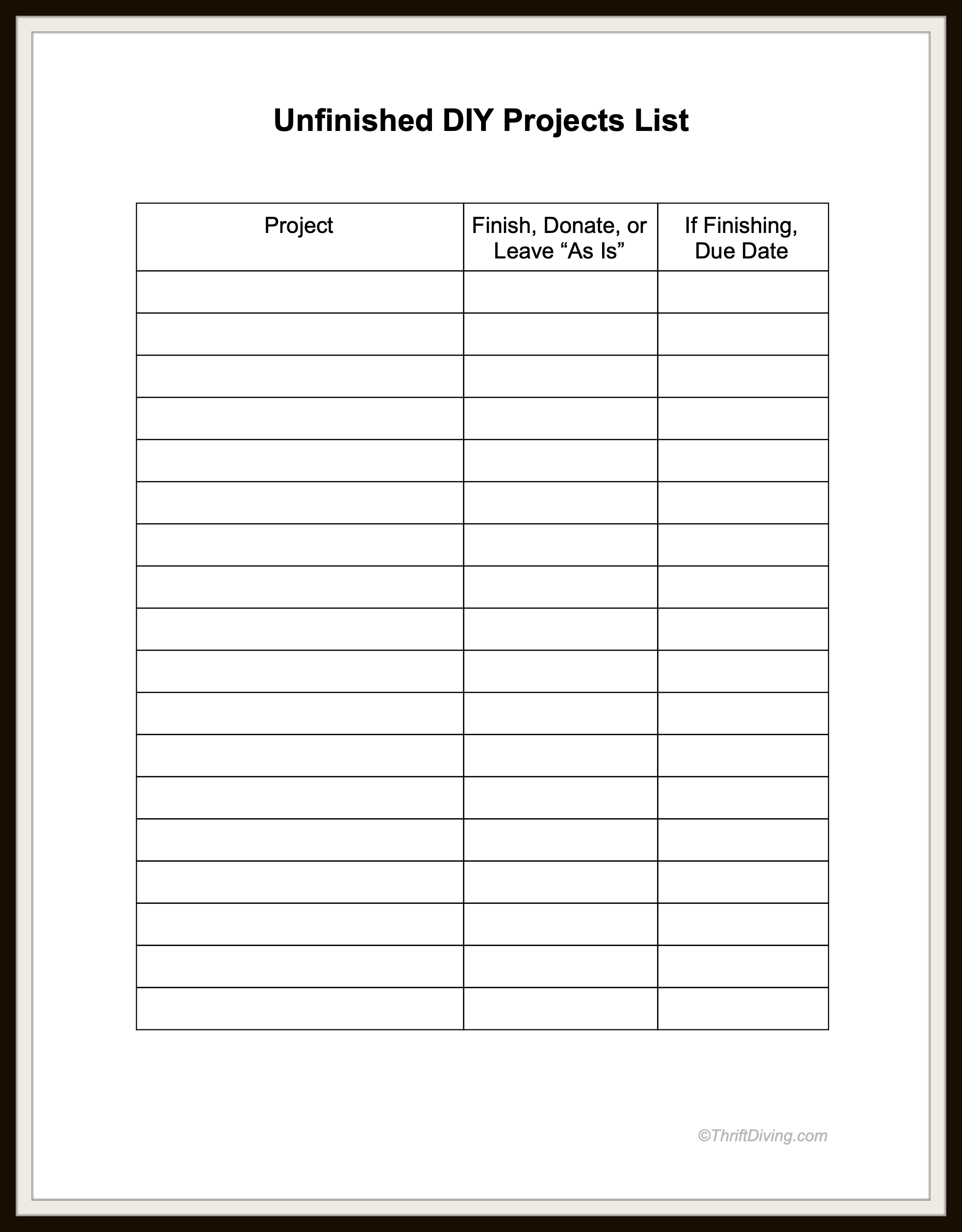 Download this free printable to track your unfinished DIY projects! - Thrift Diving