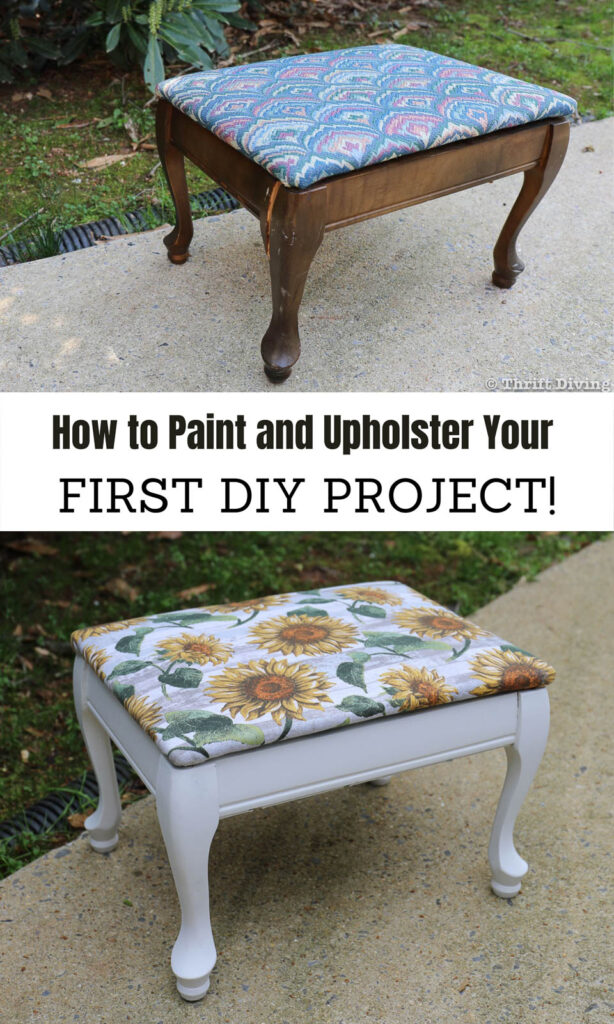 Nervous or scared to start your first DIY painted furniture and upholstery project? Learn all the steps and tools you need to go simply painted furniture projects and upholstery projects, such as stools and chairs. Click on the blog post for more details! #ad #madebyarrow