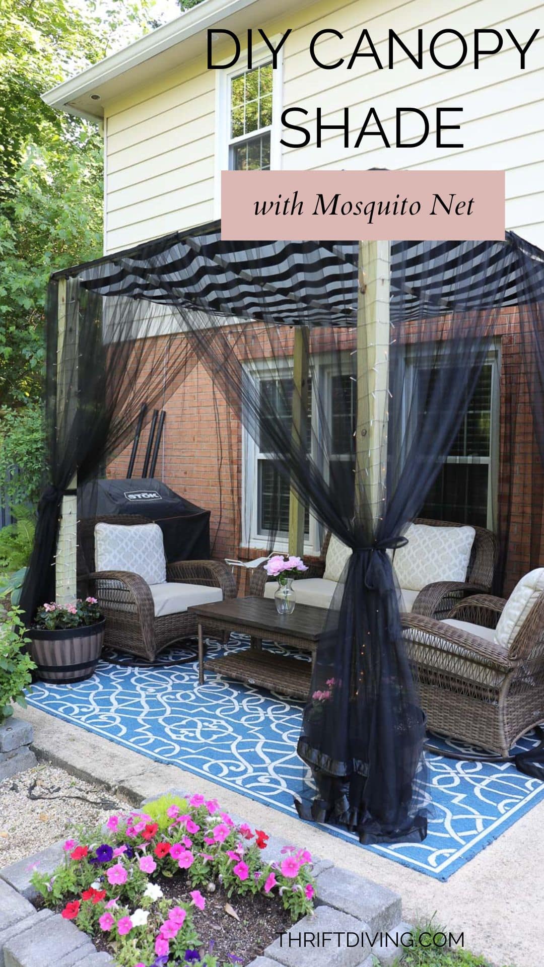 How to Make a DIY Canopy Shade with Mosquito Net for the Patio! - Thrift Diving