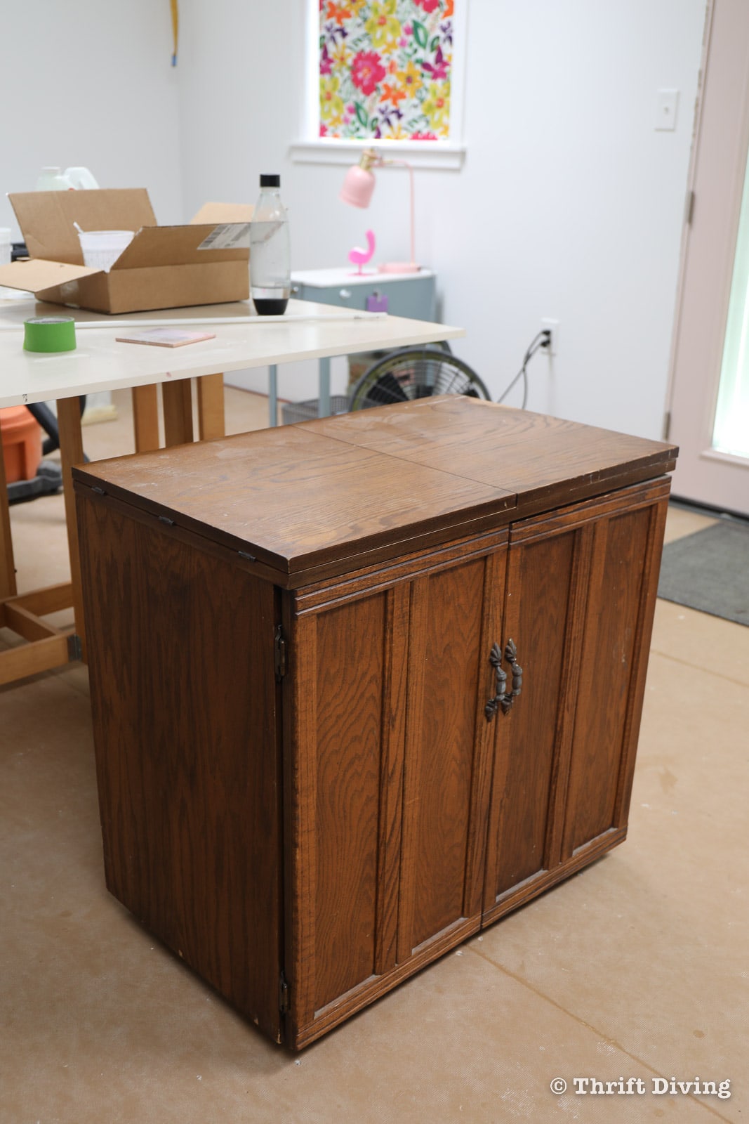BEFORE and AFTER: Vintage Sewing Cabinet Makeover - $40 sewing cabinet is painted pink - Thrift Diving