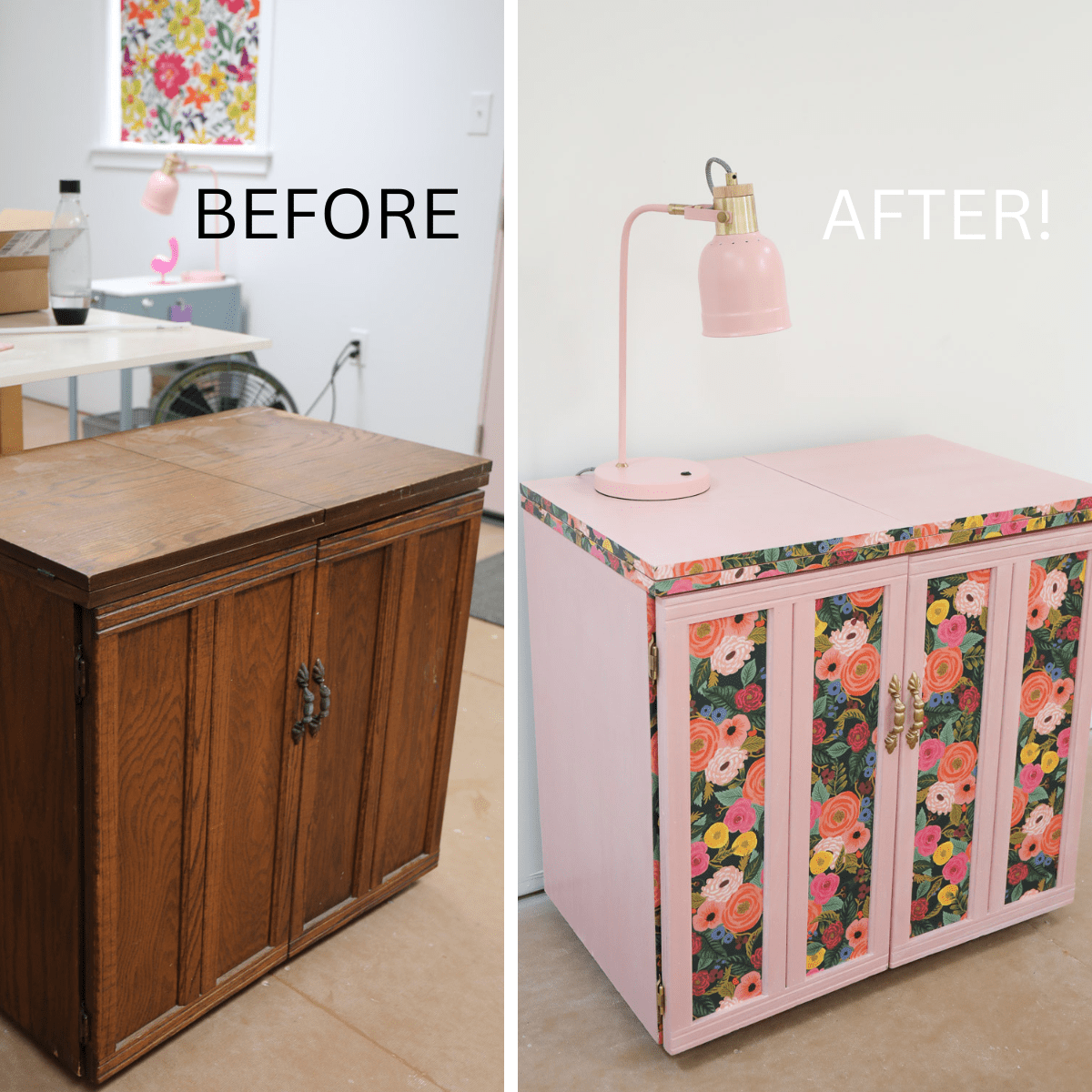 BEFORE & AFTER: Sewing Cabinet Makeover with Pink Color Stain!