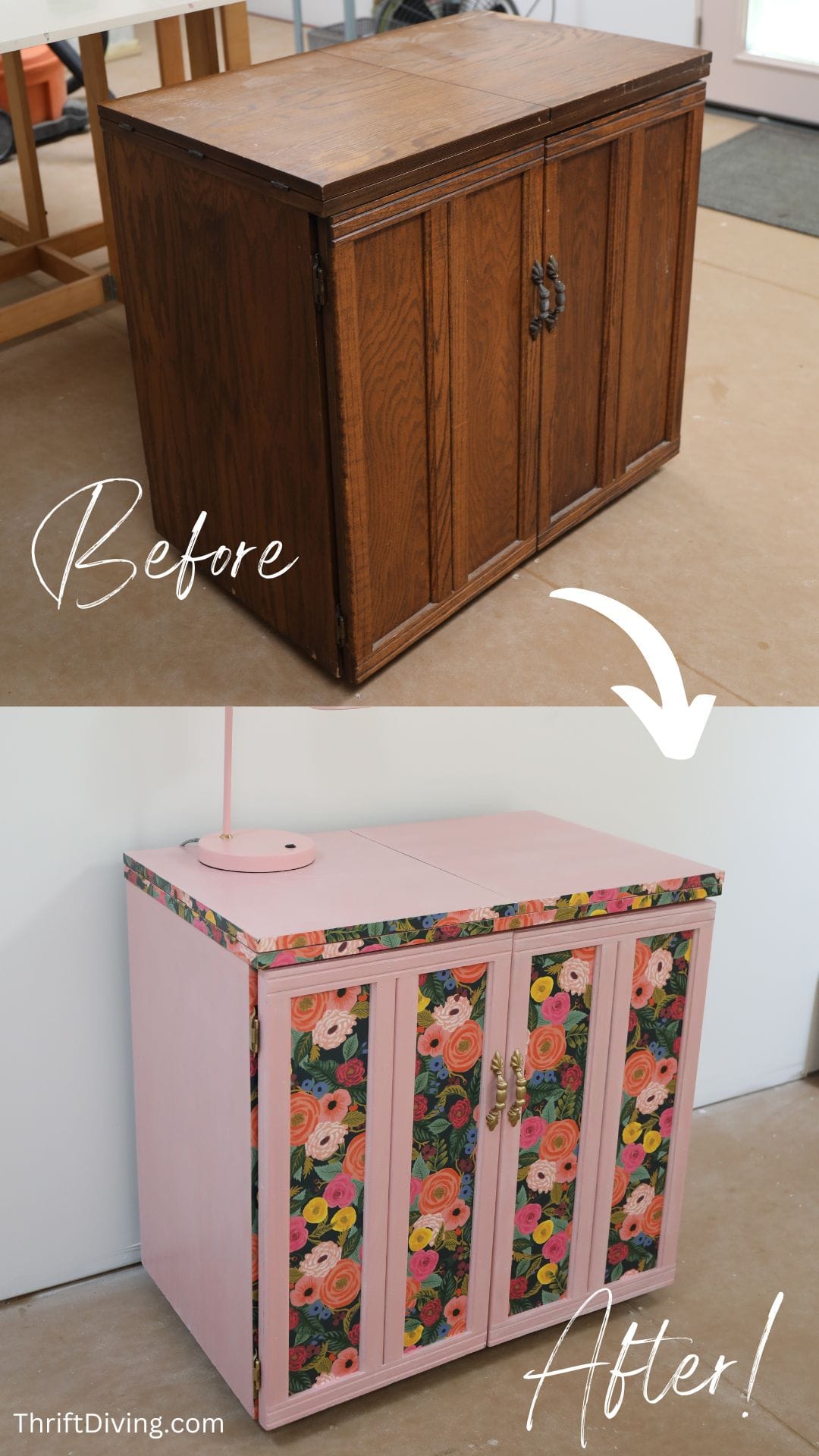 Before and after pink sewing cabinet makeover 