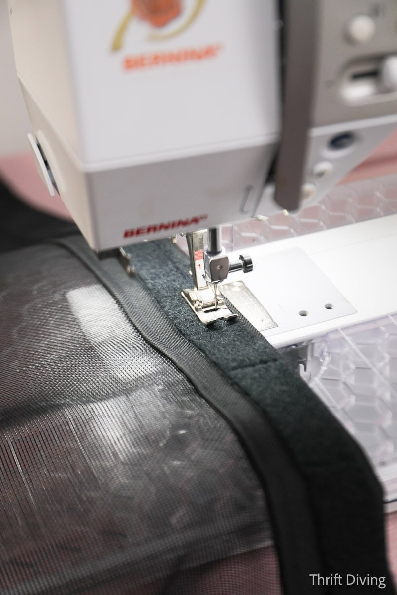 How to Make DIY Gazebo Screens - Sewing Velco onto the edge of a gazebo screen.