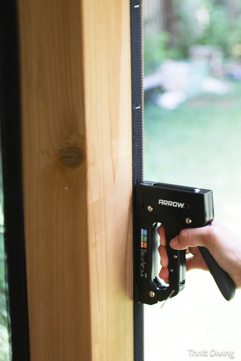How to Make DIY Gazebo Screens - Use an Arrow T301 stapler to attach Velcro to gazebo posts with 1/2" staples.