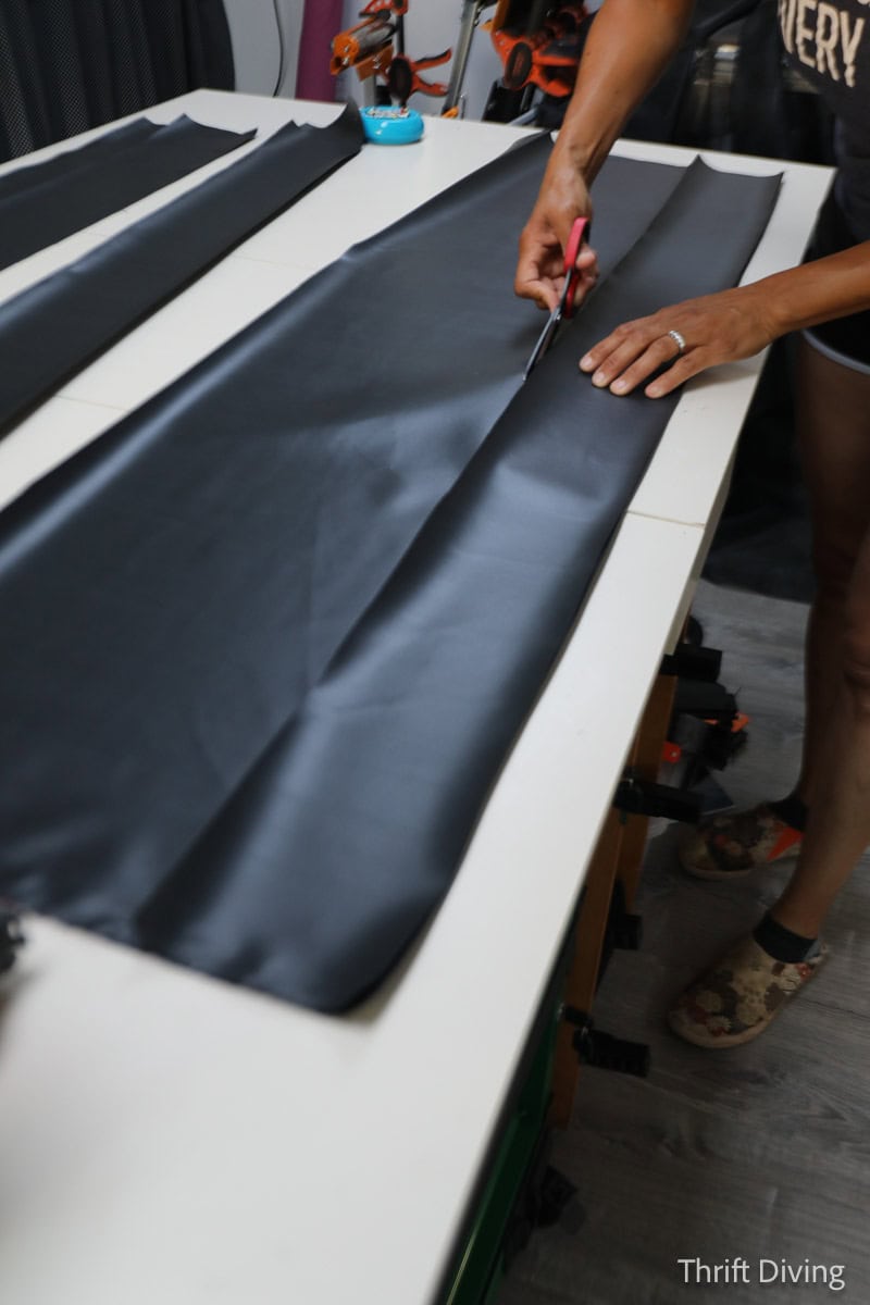 How to Make DIY Gazebo Screens - Cutting strips of waterproof outdoor fabric to make binding for gazebo screens.