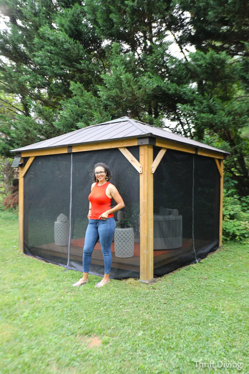 How to Make DIY Gazebo Screens - Backyard wooden gazebo with gazebo screen panels of Phifer TuffScreen No-See-Um mesh.