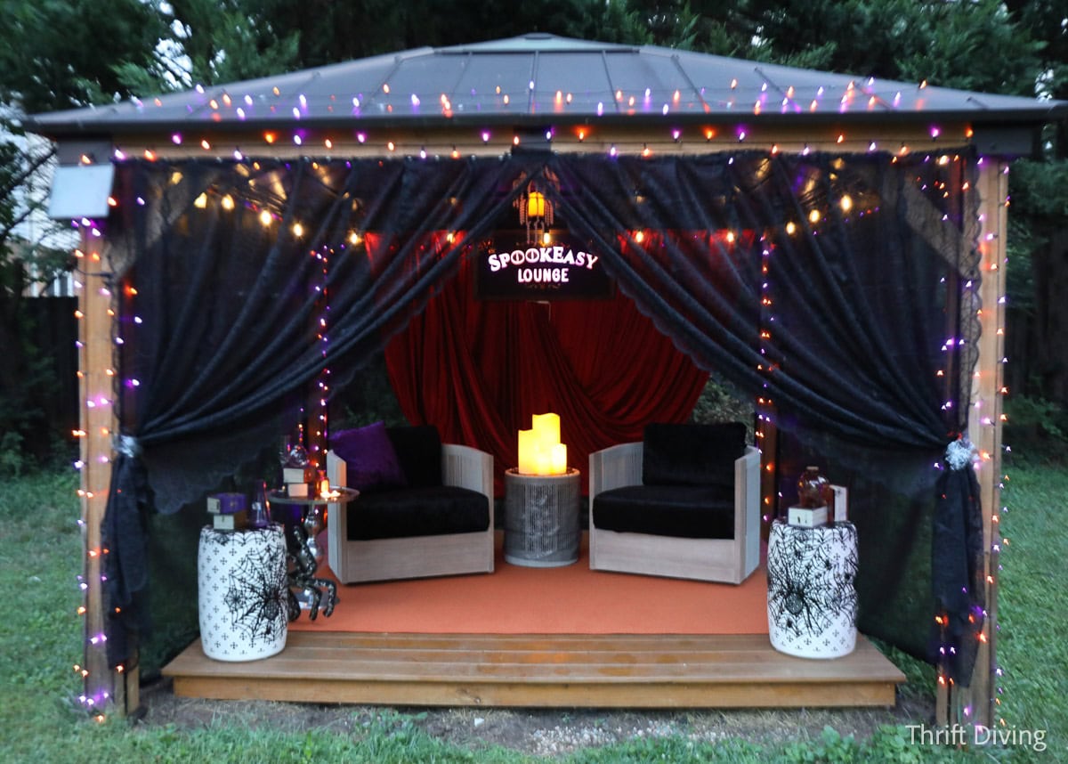 Backyard Halloween gazebo decorated for Halloween.
