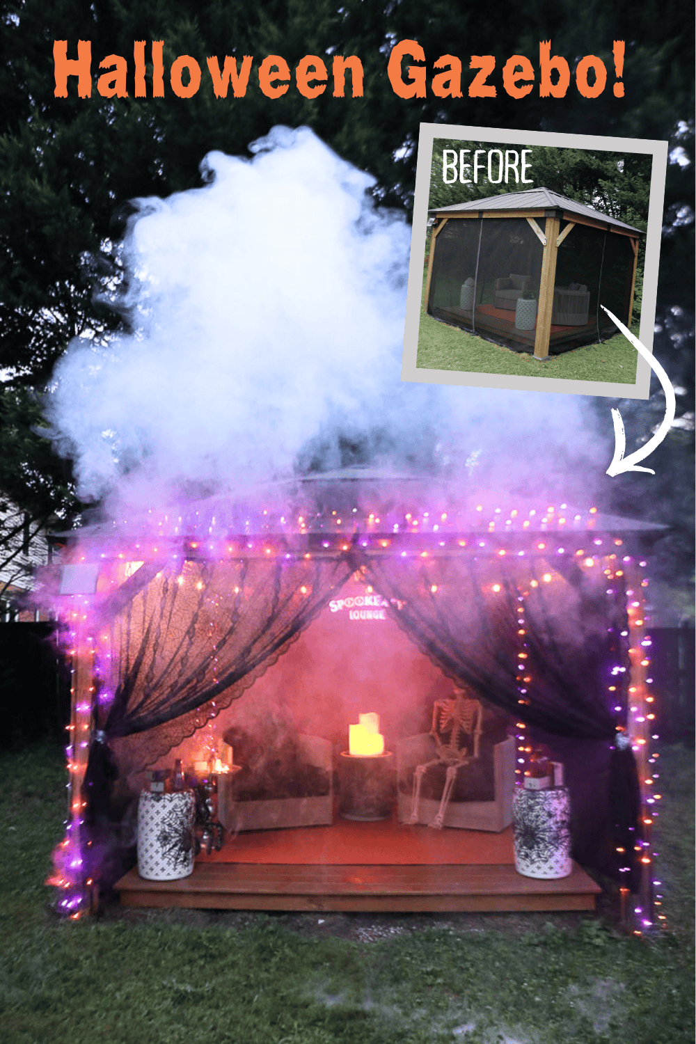Foggy outdoor Halloween gazebo covered in lights, rich fabrics, and custom Halloween lighting.